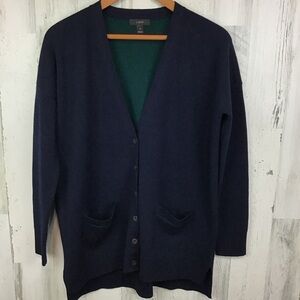 J Crew Sweater Lined V Neck Navy Merino Wool Blend Cardigan Preppy Grandpa